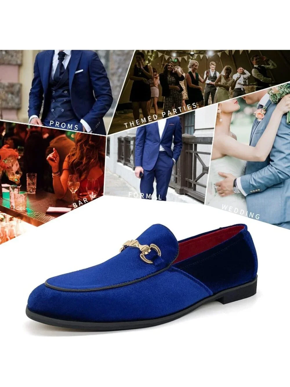 Mens Royal Blue Velvet Glitter Suede Gold Bit Slip On Loafer Slipper Dress Shoes